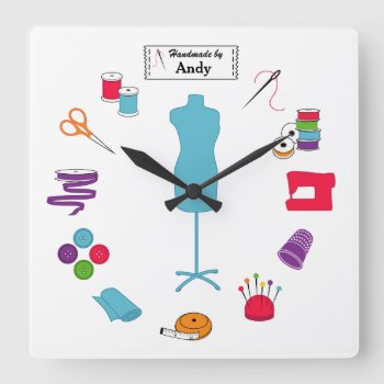 Customize The Label Sew Right Square Wall Clock by pomegranate_gallery at Zazzle