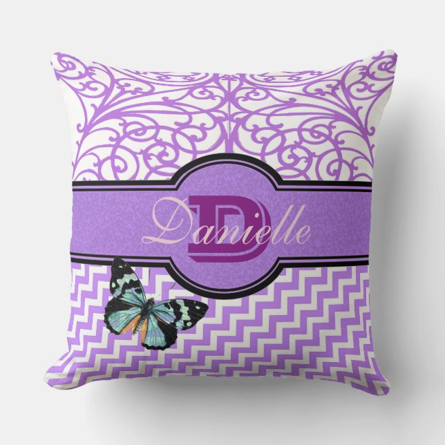 Customize these fancy purple and butterfly throw pillow (Front)