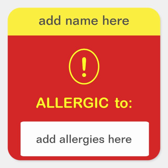CUSTOMIZE THIS ~ Add Name + Allergy. Square Sticker (Front)