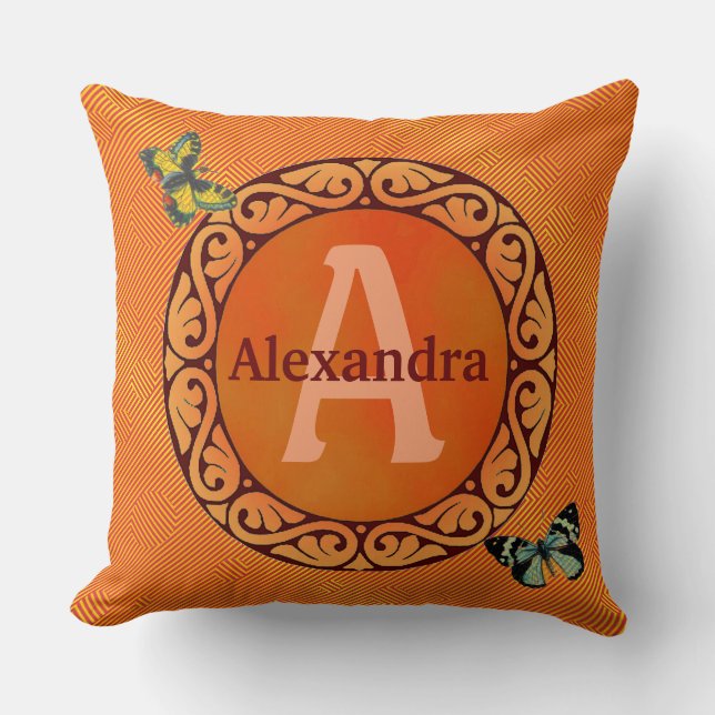 Customize this orange and butterfly throw pillow (Front)
