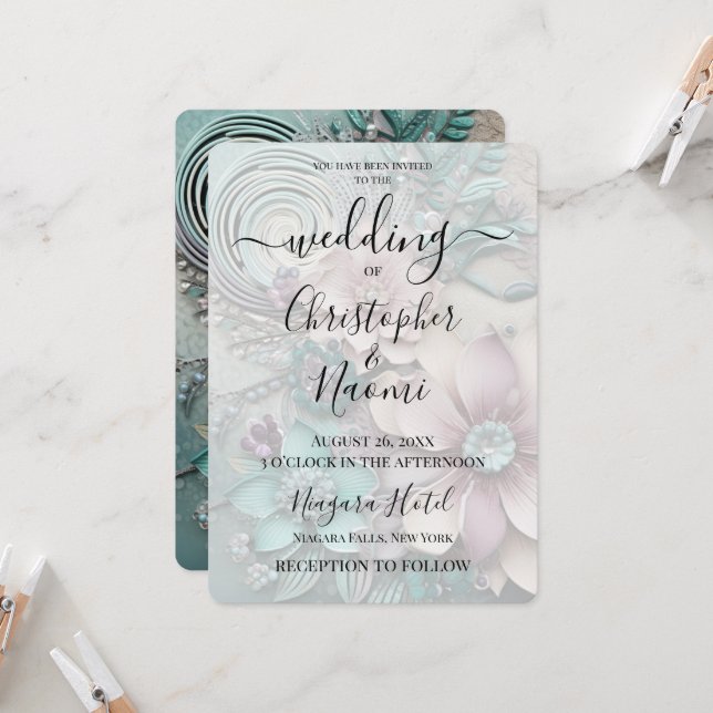 Customize This: Pink Teal Rustic Paper Flowers Invitation (Front/Back In Situ)