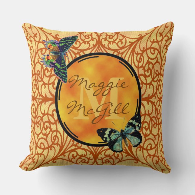Customize this pretty yellow, filigree & butterfly throw pillow (Front)
