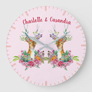 Customize Twins Floral Baby Deer Baby Nursery Large Clock