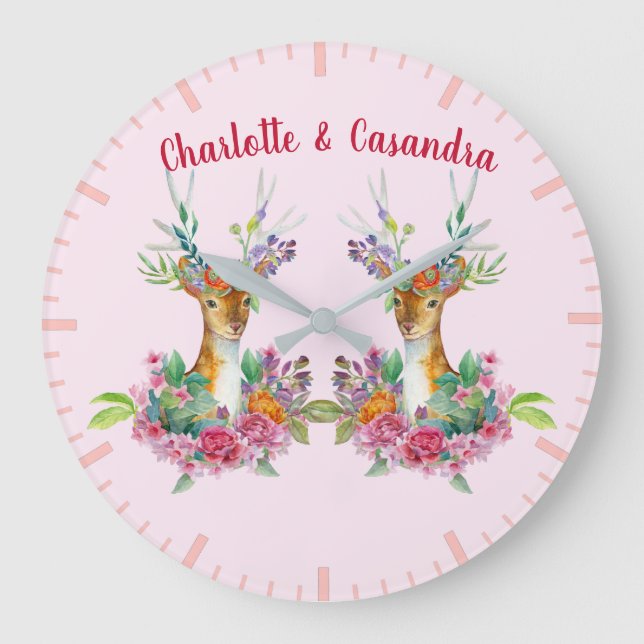 Customize Twins Floral Baby Deer Baby Nursery Large Clock (Front)
