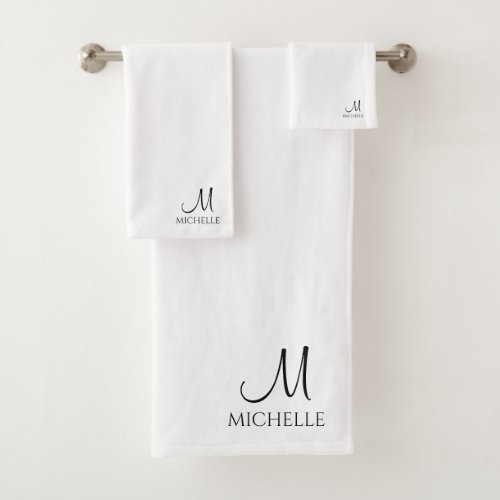 Customize Typography Monogram Name Black White Bath Towel Set