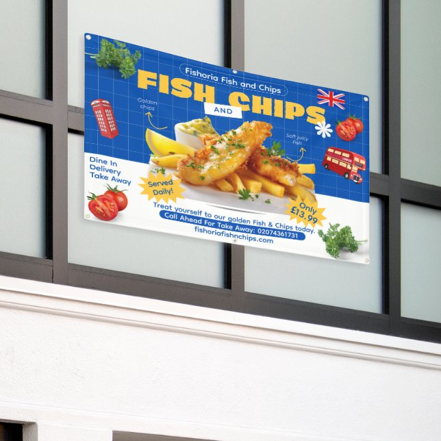 Customize UK Edition Delicious Fish N Chips Advert Banner (Outside Building)