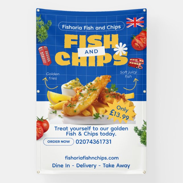 Customize UK Edition Delicious Fish N Chips Restau Banner (Vertical)