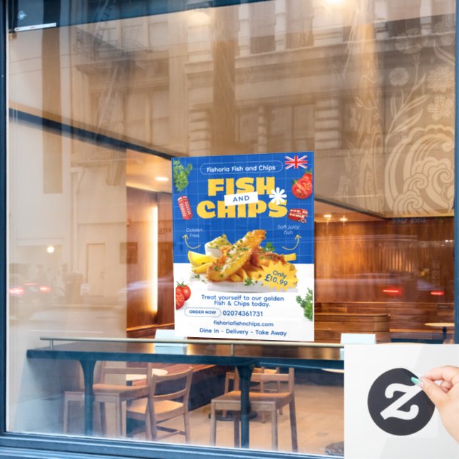 Customize UK Edition Delicious Fish N Chips Restau Window Cling (Cafe Window)