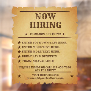Customize Vintage Rustic Generic Now Hiring Poster Window Cling
