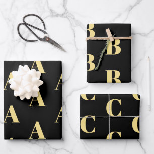 Customize w/Initial monogram Letter gold black Wrapping Paper Sheets
