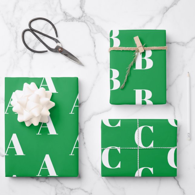 Customize w/Initial monogram Letter green white Wrapping Paper Sheets (Front)