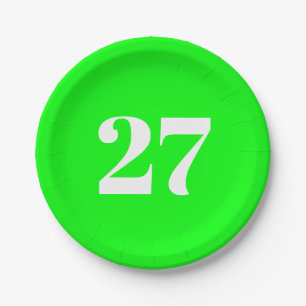 Customize w/Initial White Letter Number neon green Paper Plates