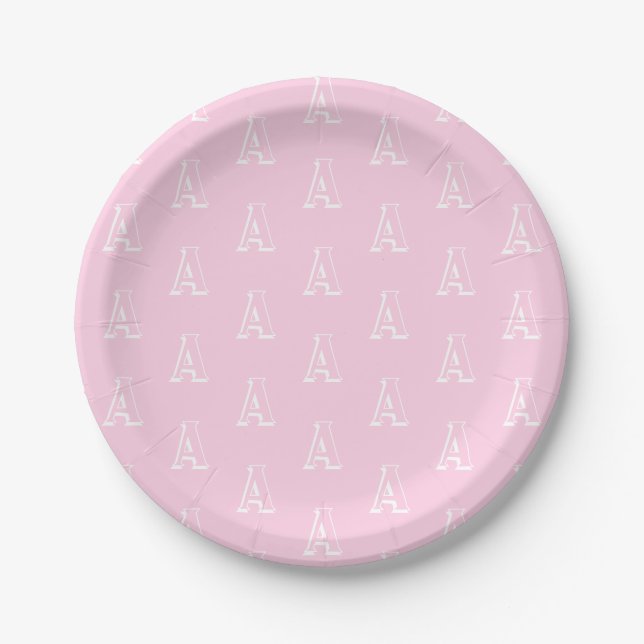 Customize w/ your "A" Initial letter, white pink - Paper Plates (Front)
