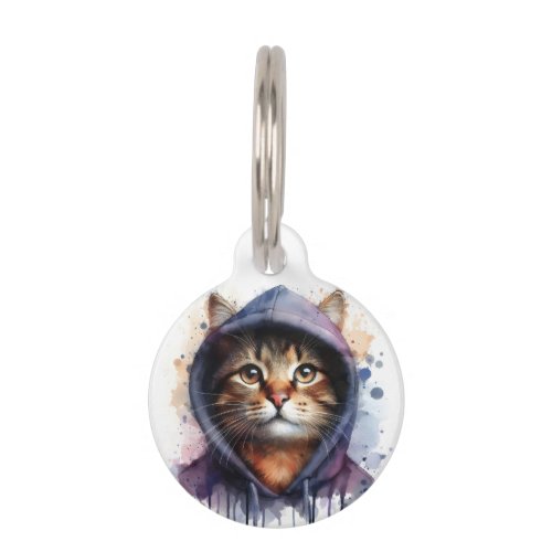 Customize Watercolor Cat Blue Purple Hoodie Splash Pet ID Tag