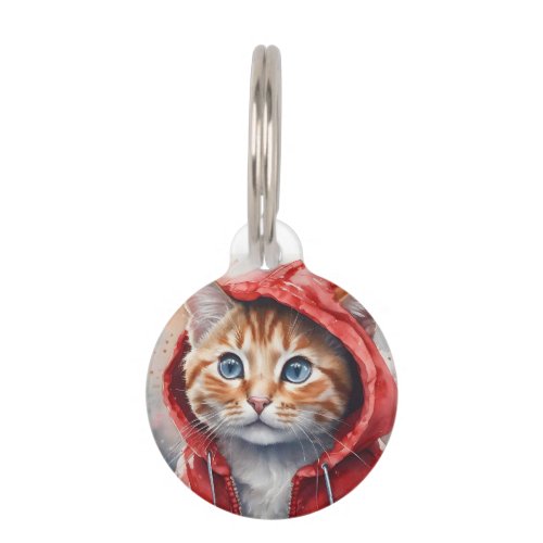 Customize Watercolor Orange Tabby Cat Red Hoodie  Pet ID Tag