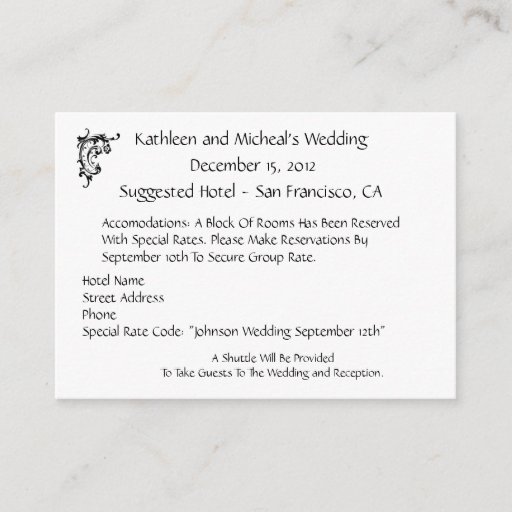Customizable Customize Wedding Hotel Accommodation Insert Card Business Card