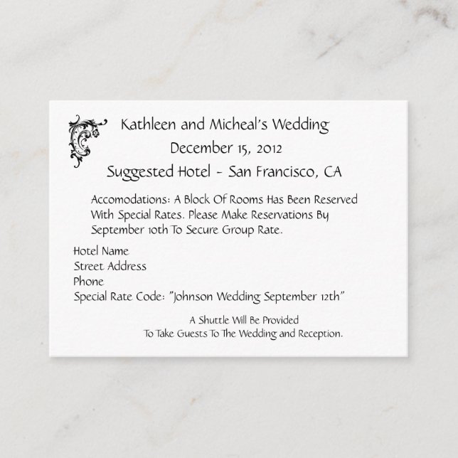 Customize Wedding Hotel Accommodation Insert Card (Front)