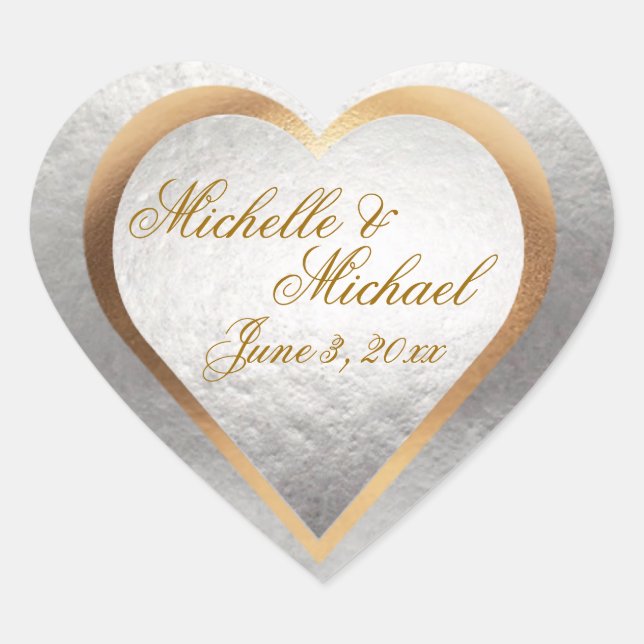 Customize Wedding Invitation Gold Silver Heart Sticker (Front)