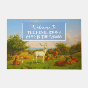 Customize White Stag Deer Herd Green Meadow Doormat