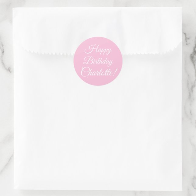 Customize with name, Happy Birthday, light pink Classic Round Sticker (Bag)