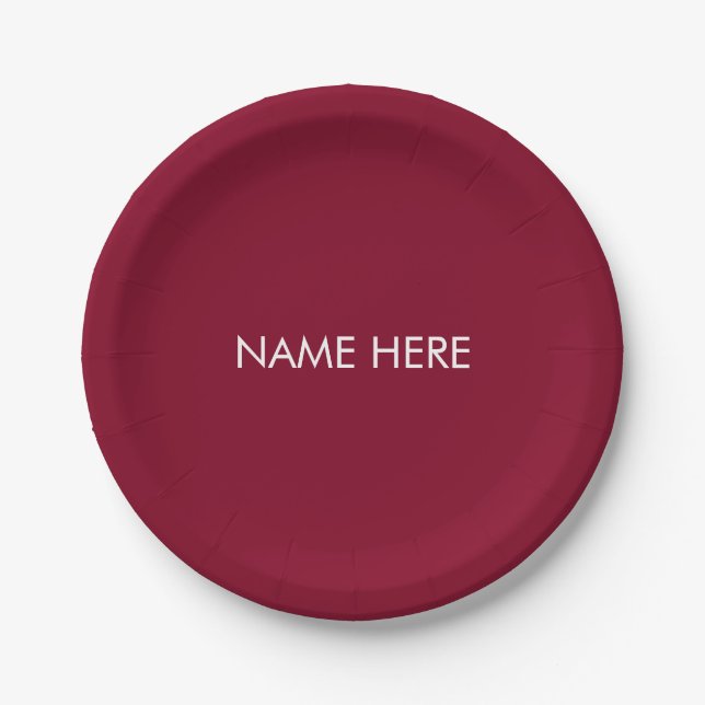 Customize with name, text minimalist burgundy paper plates (Front)