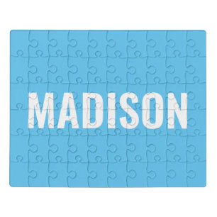 Customize with name, text, minimalist light blue jigsaw puzzle