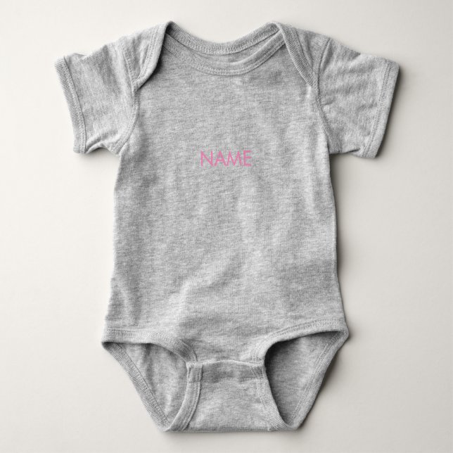 Customize with name, text minimalist pink grey baby bodysuit (Front)