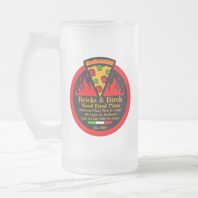 Customize Wood Fired Pizza Restaurant Promo  Frosted Glass Beer Mug (Left)