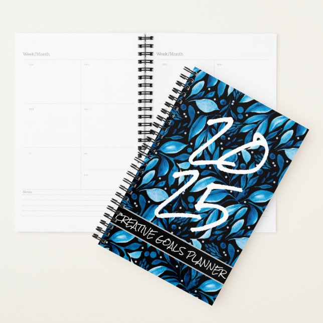 Customize Year 2025 Black/Blue Botanical Planner (Display)