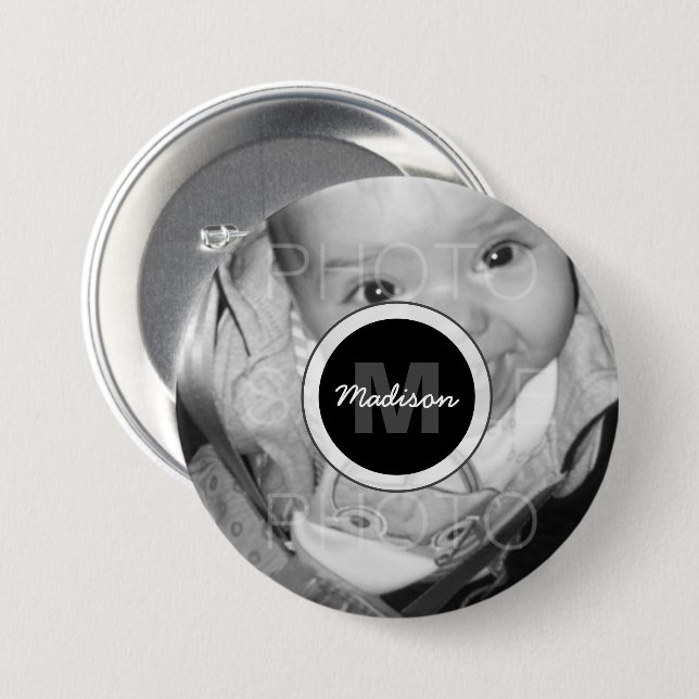 Customize Your Black White photo Monogram Button (Front & Back)
