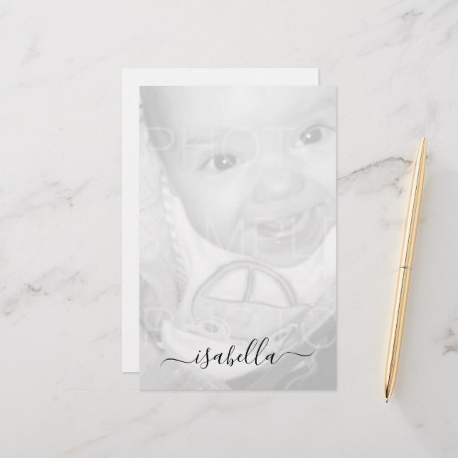 Customize Your Black White photo Monogram name Stationery (Front/Back In Situ)