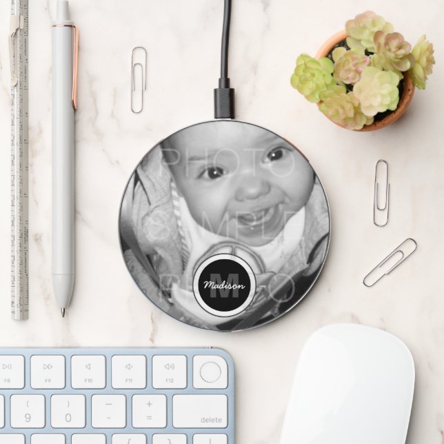 Customize Your Black White photo Monogram Wireless Charger (Desk)