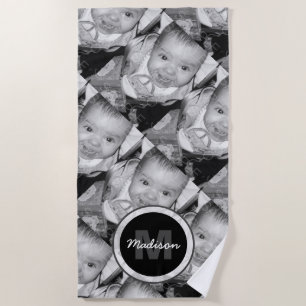 Customize Your Black White photo pattern Monogram Beach Towel