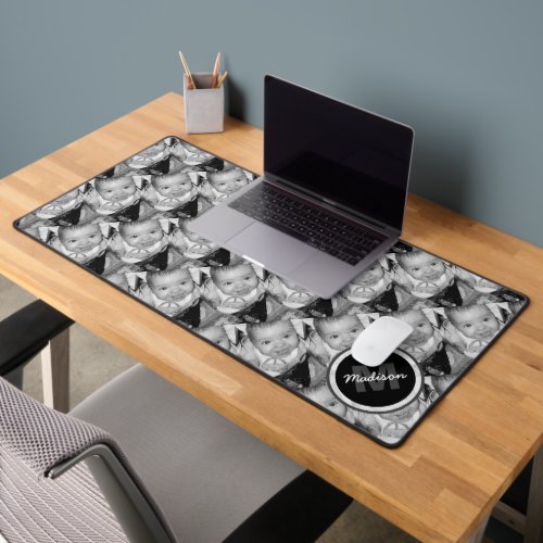 Customize Your Black White photo pattern Monogram  Desk Mat