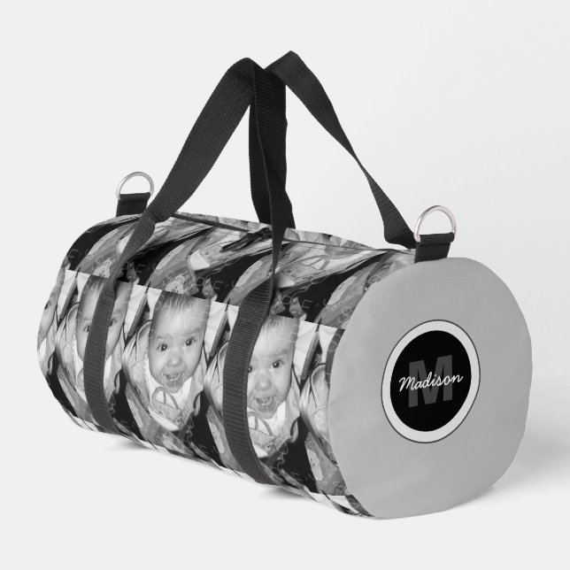 Customize Your Black White photo pattern Monogram Duffle Bag (Left Corner)