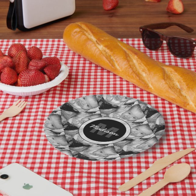 Customize Your Black White photo pattern Monogram Paper Plates (Picnic)