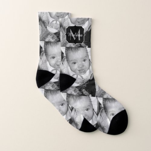 Customize Your Black White photo pattern Monogram Socks