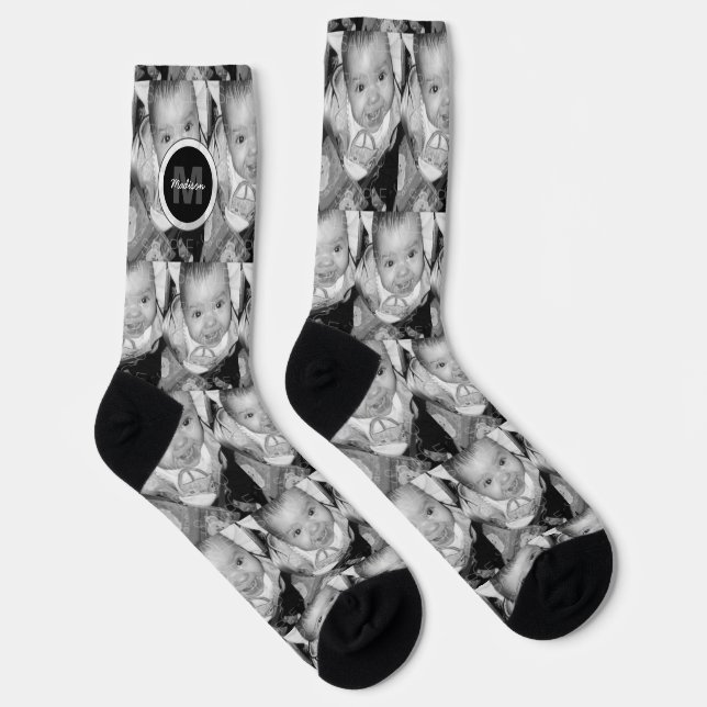 Customize Your Black White photo pattern Monogram Socks (Right)