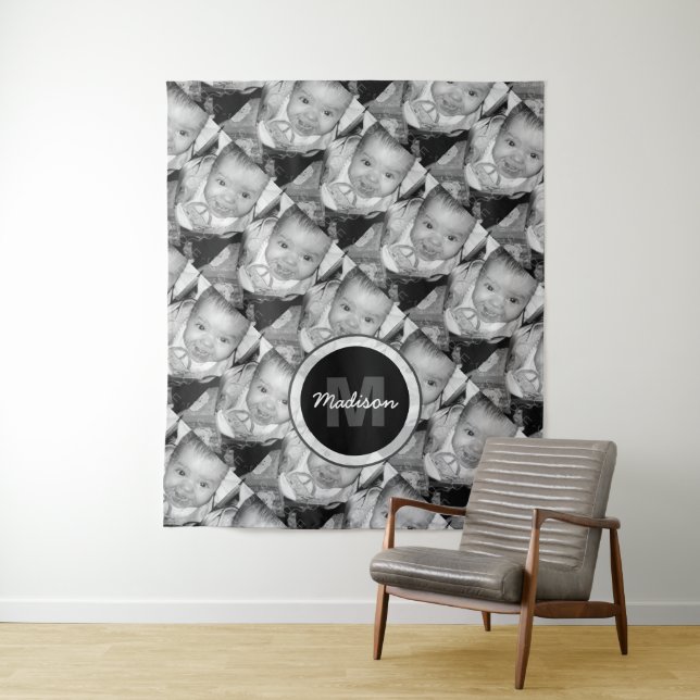 Customize Your Black White photo pattern Monogram Tapestry (In Situ)