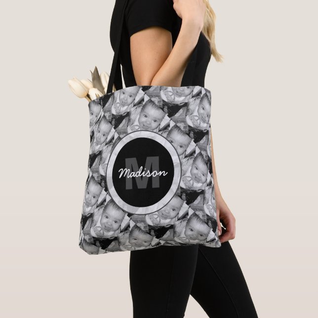 Customize Your Black White photo pattern Monogram Tote Bag (Close Up)