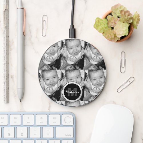 Customize Your Black White photo pattern Monogram Wireless Charger