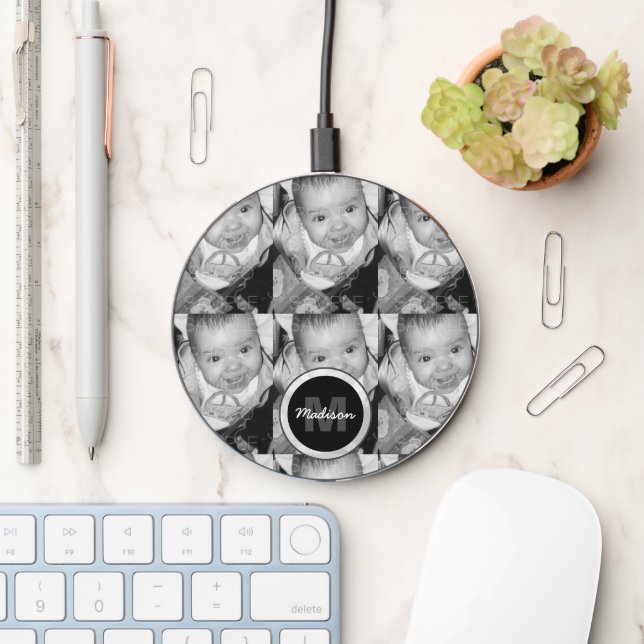 Customize Your Black White photo pattern Monogram Wireless Charger (Desk)