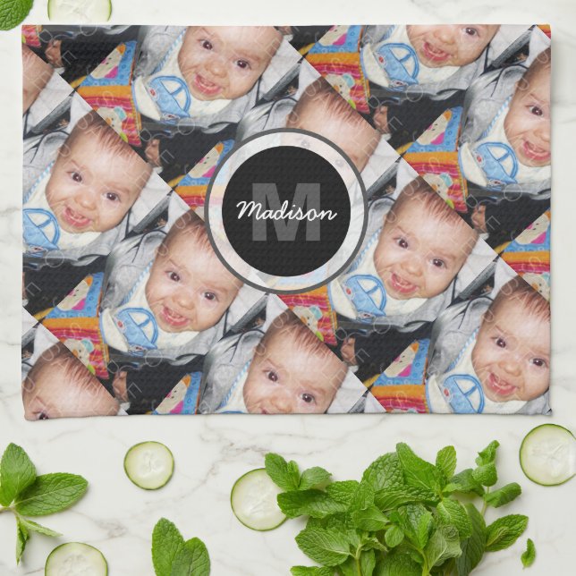 Customize Your custom two photo pattern Monogram  Kitchen Towel (Folded)
