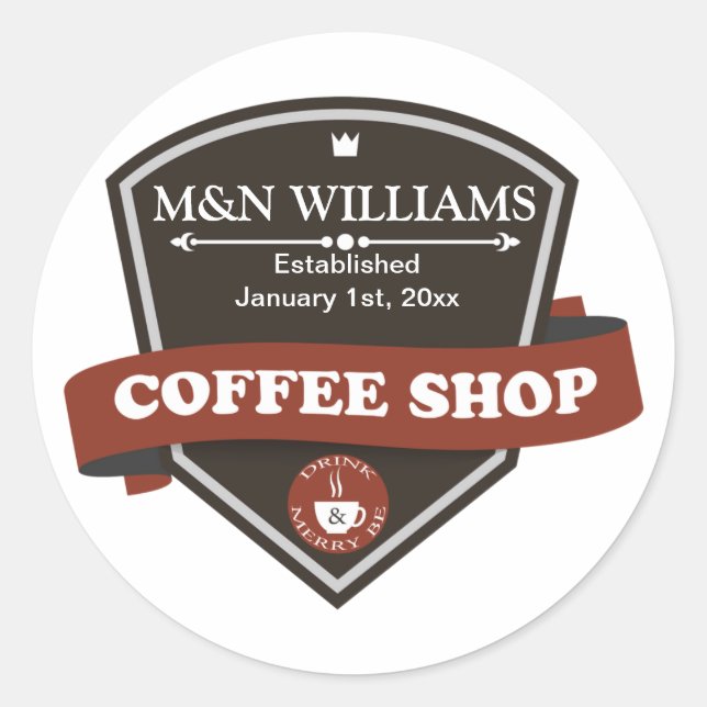 Customize Your Name Coffee Shop Logo Classic Round Sticker (Front)