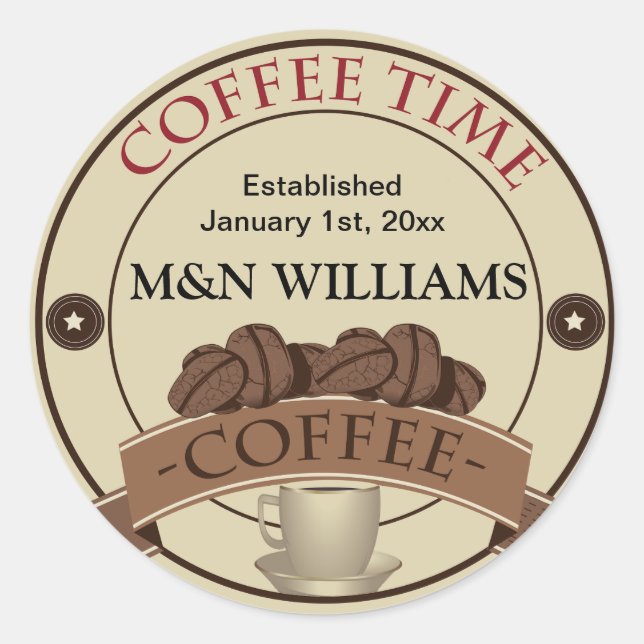 Customize Your Name Coffee Time Logo Classic Round Sticker (Front)