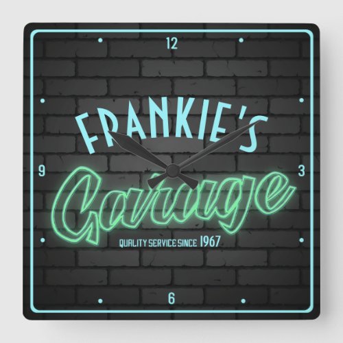 Customize YOUR NAME Hot Rod Neon Style Garage Car  Square Wall Clock