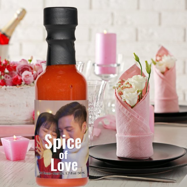 Customize Your Own Spice of Love Wedding Photo on Hot Sauces ("Spice up your love story with personalized hot sauces! 🌶️❤️"
)