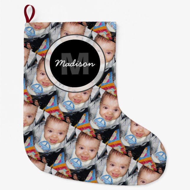 Customize Your photo pattern Monogram Large Christmas Stocking (Front)