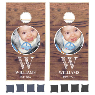 Customize Your photo rustic brown wood Monogram Cornhole Set