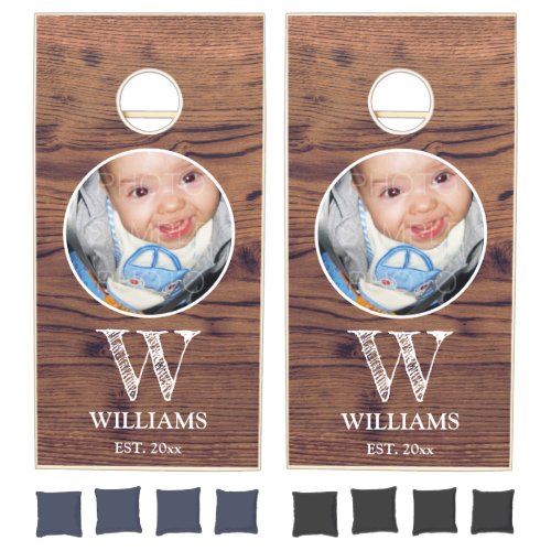 Customize Your photo rustic brown wood Monogram  Cornhole Set